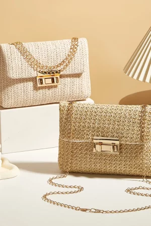 Fashion Straw Women Chain Shoulder Bag Woven High Capacity Buckle Closure Clutch Handmade Crossbody Bag Women