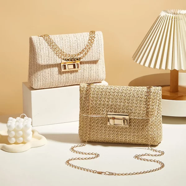 Fashion Straw Women Chain Shoulder Bag Woven High Capacity Buckle Closure Clutch Handmade Crossbody Bag Women