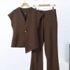 Solid Blazer Shirt Pants Set Women Metal One Breasted Tops High Waist Straight Trousers 2025 Spring Lady Elegant Commute Outfit - Image 6