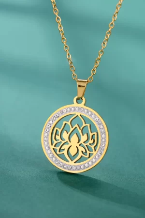 Skyrim Lotus Flower Necklace Women Stainless Steel Gold Color Clear Zircon Round Pendant Neck Chain Yoga Chakra Buddhism Jewelry