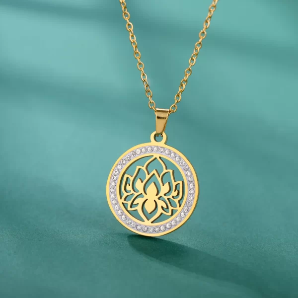 Skyrim Lotus Flower Necklace Women Stainless Steel Gold Color Clear Zircon Round Pendant Neck Chain Yoga Chakra Buddhism Jewelry