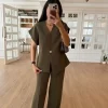Solid Blazer Shirt Pants Set Women Metal One Breasted Tops High Waist Straight Trousers 2025 Spring Lady Elegant Commute Outfit - Image 2