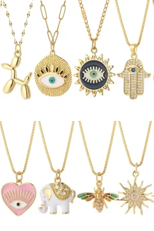Heart Evil Blue Eye Sun Necklace for Women Cute Dog Bee Elephant Gold Color Pendant Woman's Collars Long Stainless Steel Chains