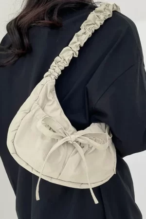 Pleated Strap Women's Sweet Bow Shoulder Bag Solid Color Female Underarm Bags Soft Nylon Ladies Portable Tote Purse Handbags