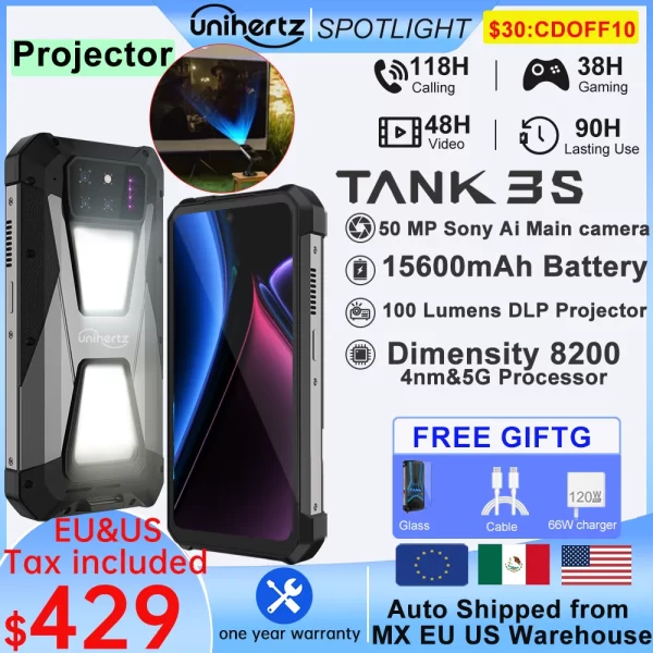 Unihertz tank 3s 8849 powered smartphone with projector 24GB 256GB Dimension 8200 cellphone 15600mAh 66W charger 64MP 5G phone