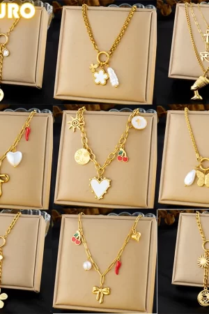 DIEYURO 316L Stainless Steel Heart Pearl Flower Cherry Pendant Necklace For Womens Fashion Trend Neck Jewelry Glamorous Gift