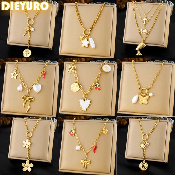 DIEYURO 316L Stainless Steel Heart Pearl Flower Cherry Pendant Necklace For Womens Fashion Trend Neck Jewelry Glamorous Gift