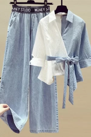 Women'S Pants Summer Solid Color Korean Color Block Shirt Jeans Fashion High Waist Loose Casual Y2k Women'S Jeans