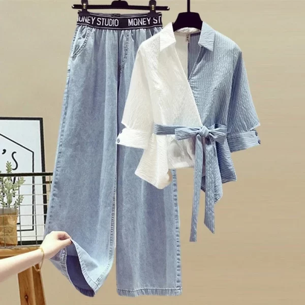 Women'S Pants Summer Solid Color Korean Color Block Shirt Jeans Fashion High Waist Loose Casual Y2k Women'S Jeans