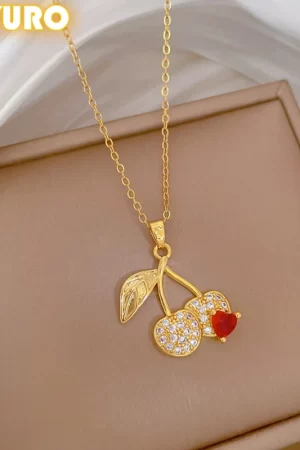 DIEYURO 316L Stainless Steel Cherry Fruit Red Heart Zircon Pendant Necklace Women Trend Fashion Collarbone Chain Jewelry Gift