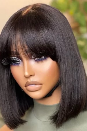 Short Bob Wig With Bangs Straight Hair Bob Wig Brazilian Human Hair Wig Remy 3X1 Lace Middle Part Wig for Black Women Bob Wig