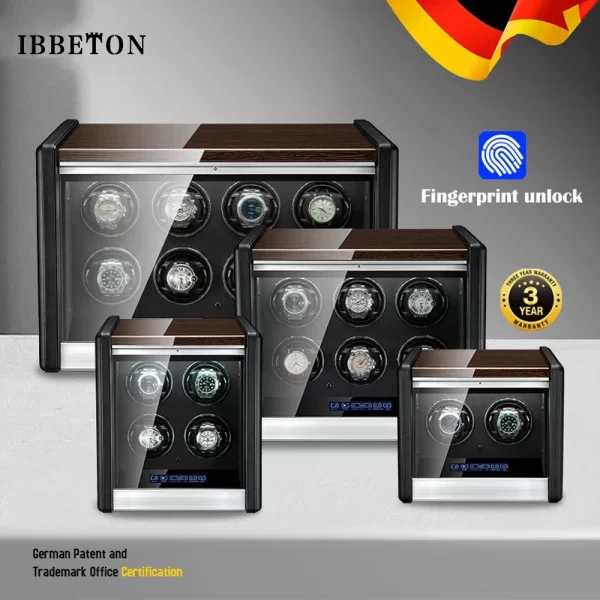 IBBETON Automatic Watch Winder Luxury Fingerprint Unlock Wood Watch Safe Box with Independent Motor Mechanical Watch Storage Box