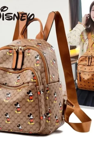 ​​lady Licensed Disney Mickey Vintage Brown Backpack Multi-Pocket School Bag Playful Daily Organizer Leather Accents Comfort New