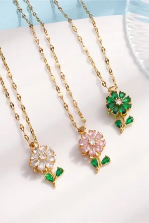 Light Luxury Sunflower Zircon Rotate Pendant Necklace Stainless Steel Chains Flower Choker Jewelry Party Gifts For Women Girls