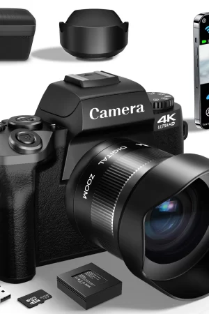 4K 64MP Digital Camera for Photography WiFi Vlogging with Flash Lens Hood Front and Rear 4 Inch Touch Screen Camera