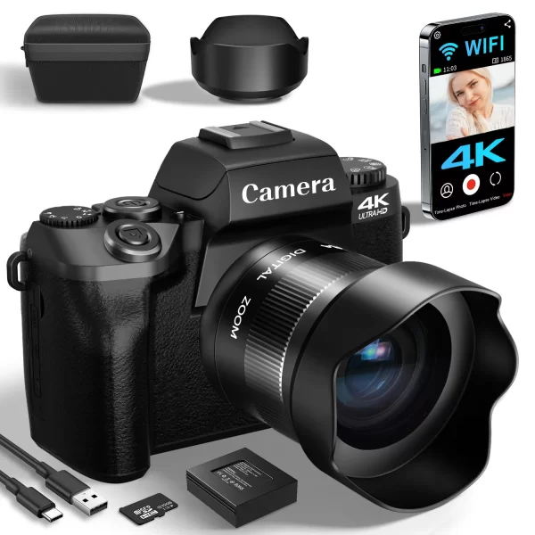 4K 64MP Digital Camera for Photography WiFi Vlogging with Flash Lens Hood Front and Rear 4 Inch Touch Screen Camera