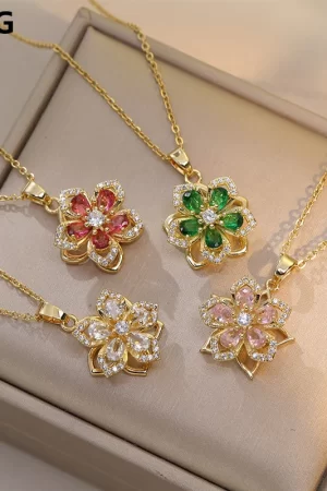 OIMG 316L Stainless Steel Gold Plated Romantic Rotatable Flower Zirconia Pendant Necklace For Women Girls Charm Luxury Jewelry