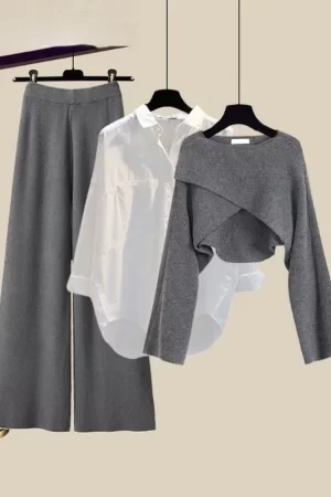 Winter 3 Piece Sets Womens Outfit Office Ladies Elegant Irregular Knitted Sweater +Shirt +Wide Leg Pants Set Women Clothing N434