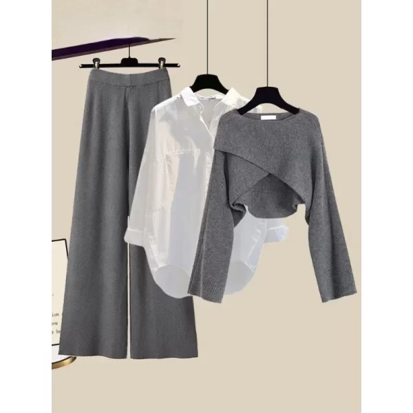 Winter 3 Piece Sets Womens Outfit Office Ladies Elegant Irregular Knitted Sweater +Shirt +Wide Leg Pants Set Women Clothing N434