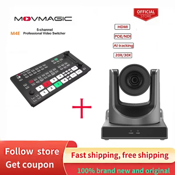 2PCS MOVMAGIC POE NDI SDI PTZ Camera 20 X 30X + 8X Zoom Live Streaming Camera NDI HX 4.5 With M4E Video Switcher