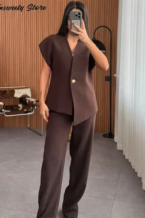 Solid Blazer Shirt Pants Set Women Metal One Breasted Tops High Waist Straight Trousers 2025 Spring Lady Elegant Commute Outfit