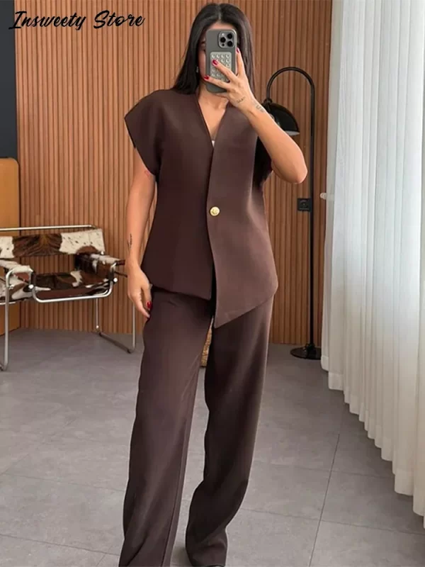 Solid Blazer Shirt Pants Set Women Metal One Breasted Tops High Waist Straight Trousers 2025 Spring Lady Elegant Commute Outfit