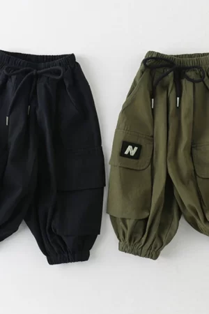 Autumn Kids Solid Cargo Pants Boys Thin Elastic Waist Sport Trousers 2+Y Young Child Clothing Baby Ankle Length Letter Sweatpant