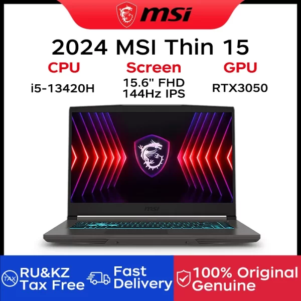 2024 MSI Thin 15 Gaming Laptop 15.6 Inch 2.5K FHD 144Hz IPS Screen Notebook i5-13420H 32GB 1TB RTX3050 Gaming Netbook Computer