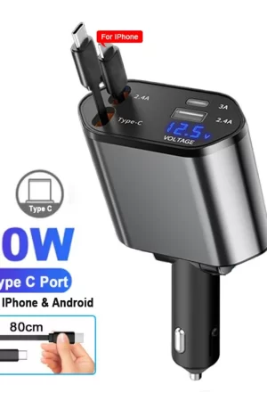 Car Phone Charger Adapter 120W USB Type C Fast Charger Cable with Retractable Cords Volt Display Fit for iPhone IPad Samsung
