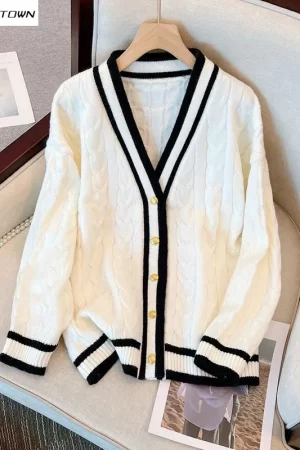 Lazy style cardigan sweater Korean version ins knitted retro high-end long sleeved fashionable knitted sweater jacket