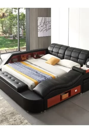 Black Queen Size Multifunctional Upholstered Storage Bed Frame, Massage Chaise Lounge on Right,for livingroom,bedroom furniture