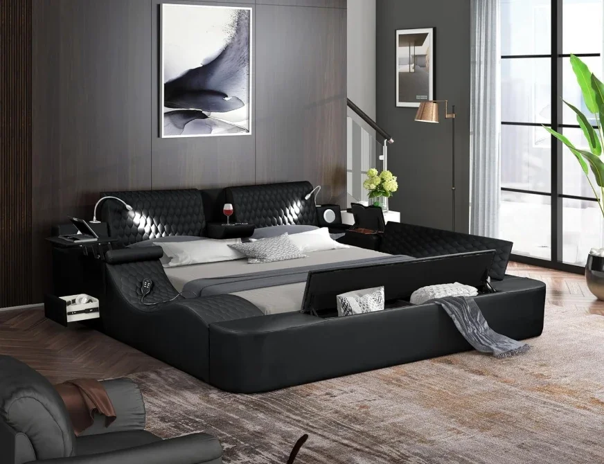 King Size Smart Bed,Multifunctional Leather Bed Frame Massage Recliner/Adjustable Headboard/Music Speaker/USB Port/Storage Space