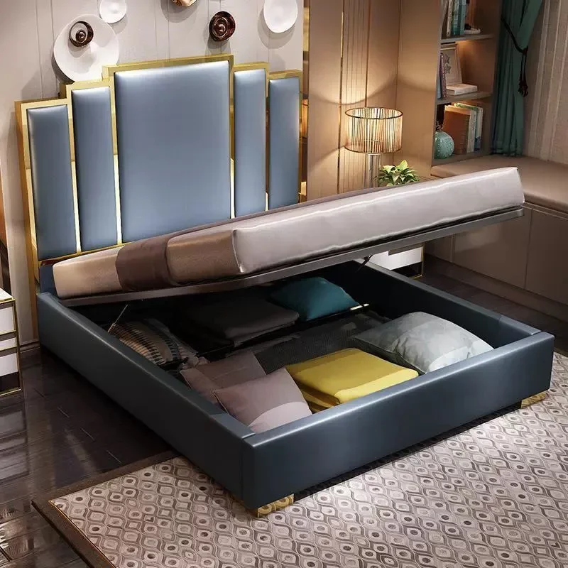 Luxury Classic Modern Leather Queen King Size Bed Frames Upholstered Platform Beds Storage House Bedroom Sets Furniture - Image 4