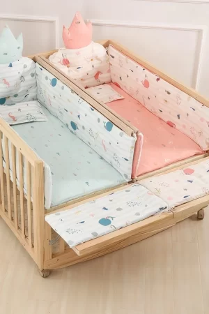 Multi-functional Twins Crib Splicing Big Bed, Newborn BB Cradle, Double Children Cot with Mosquito net and bedding set