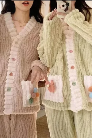 Thickened Warm Flannel Women Sleepwear Loungewear Cardigan Suit Winter Sweet Kawaii Soft Fairy Wind Ladies Pajamas Homewear