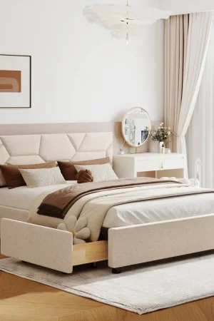 Beige Queen Size Upholstered Platform Bed with Brick Pattern Heardboard and 4 Drawers, Linen Fabric,for indoor bedroom furniture
