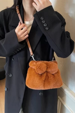 Fashion casual cute personality foreign rabbit bow handbag plush bucket bag niche single shoulder crossbody female bags