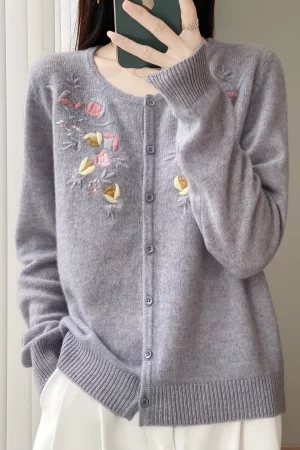 Women's 100% Pure Wool Cardigan, Round Neck Sweater, Embroidery Knitting, Loose Fashion, Lazy Top, Autumn, Winter, New