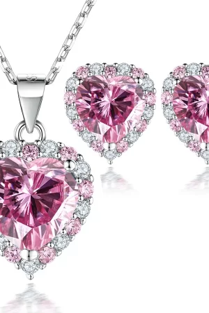 FIRERING Pink Heart Moissanite Necklace Earring Set 2ct with Certificate Passed Diamond Test Women Jewelry Gift S925 Silver