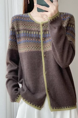 Round neck vintage jacquard mercerized 100 sweater contrast cardigan women's loose long-sleeved knitted coat jacket.