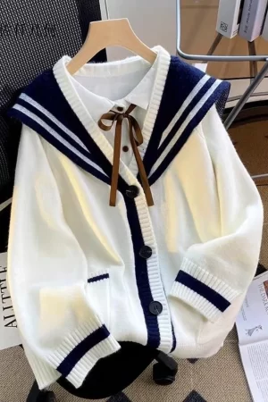 Sweet Sailor Collar Sweaters for Women 2025 New Loose College Style Cardigan Woman