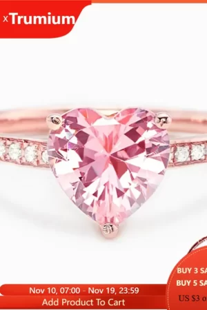 Trumium 925 Sterling Silver Luxury Solitaire Women Heart Engagement Rings Pink Cubic Zirconia Proposal Rings For Girlfriend Gift